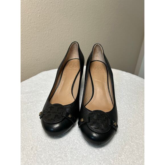 Tory Burch Women's Mini Miller Black Leather Wedges - Picture 1 of 8